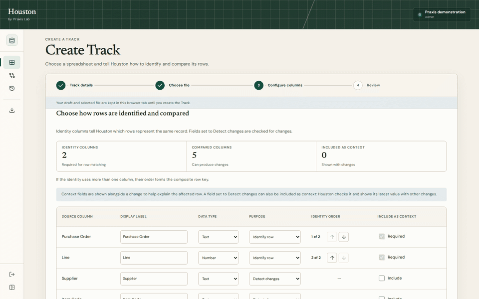 Track workflow: select an existing supplier schedule, upload version 2, review the detected changes and inspect the original date evidence.